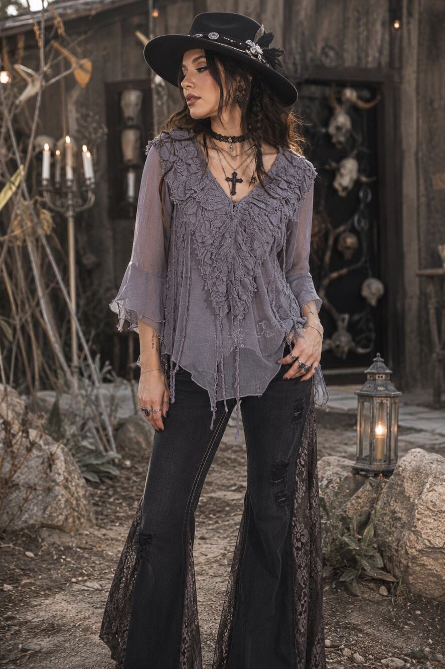 Scully Boho Lace Crochet Blouse Large Sheer Western Whimsigoth Gray Top